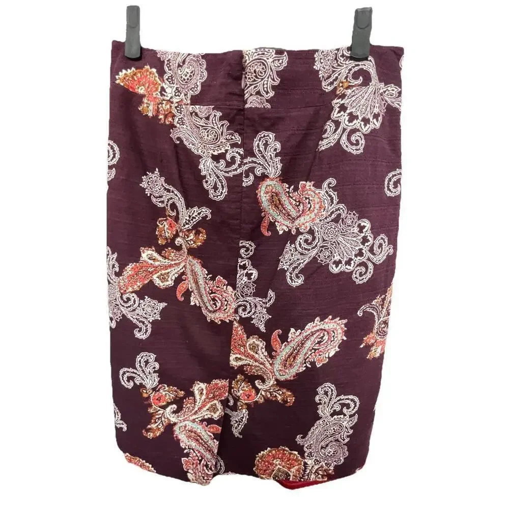 Ann Taylor Pencil Skirt Womens Sz 8 Burgundy Paisley Fully Lined Cotton Back Zip